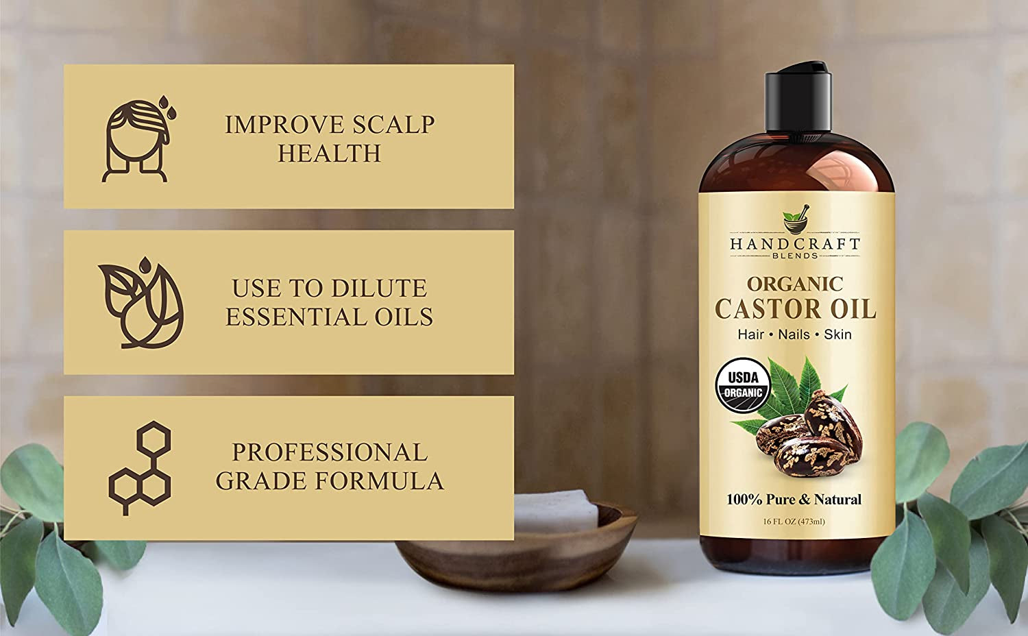 Organic Castor Oil - 16 Fl Oz - 100% Pure & Natural - Premium Carrier Oil for Hair Growth, Eyelashes & Eyebrows - Expeller-Pressed & Hexane-Free