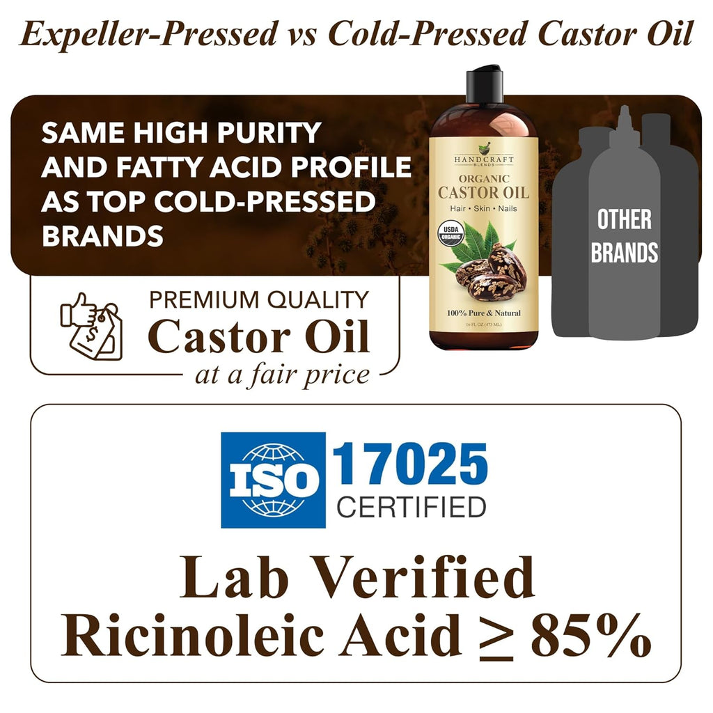 Organic Castor Oil - 16 Fl Oz - 100% Pure & Natural - Premium Carrier Oil for Hair Growth, Eyelashes & Eyebrows - Expeller-Pressed & Hexane-Free