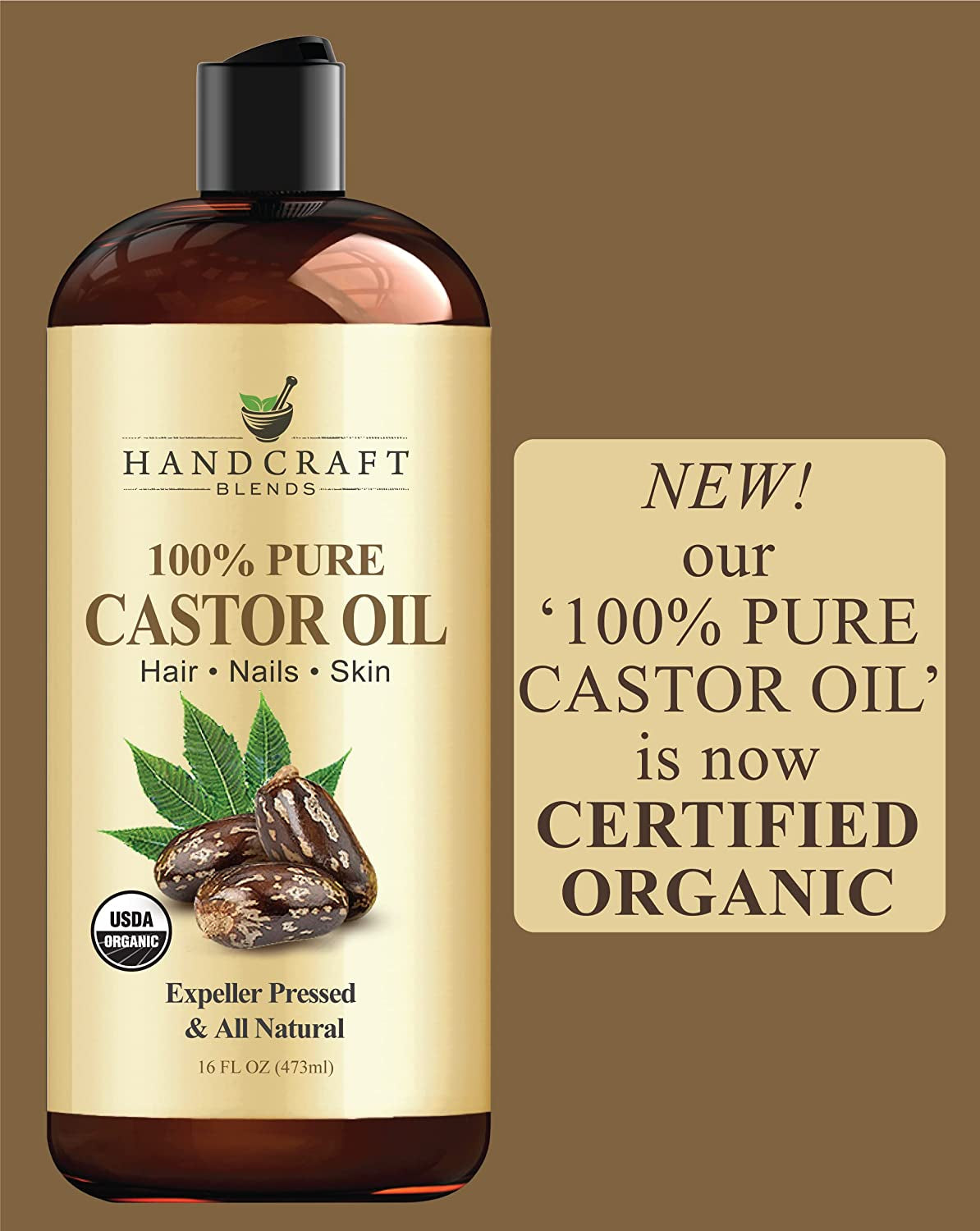 Organic Castor Oil - 16 Fl Oz - 100% Pure & Natural - Premium Carrier Oil for Hair Growth, Eyelashes & Eyebrows - Expeller-Pressed & Hexane-Free
