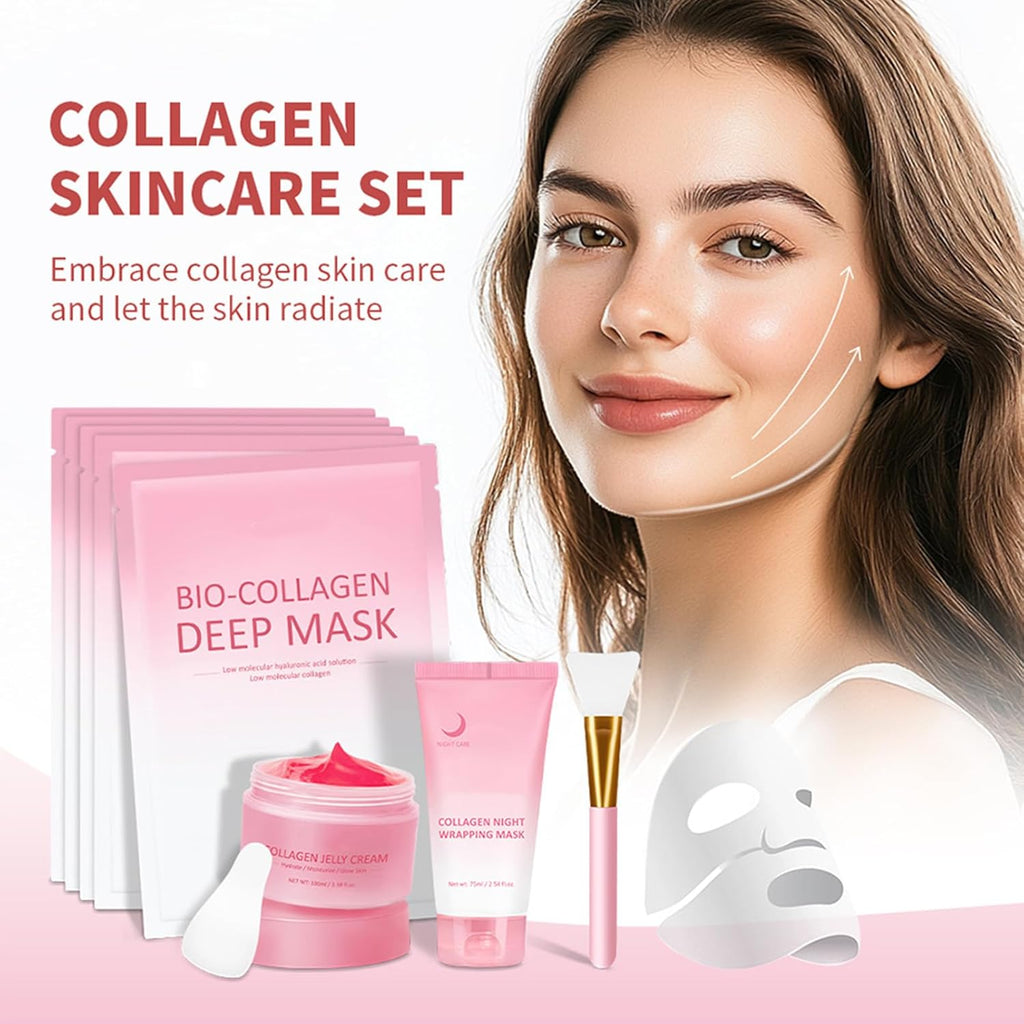 Ultimate Collagen Face Mask Set - 7PCS for Deep Hydration & Skin Elasticity - Peel Off Masks, Collagen Jelly Cream & Overnight Treatment - Korean Beauty Essentials for Firming Skin