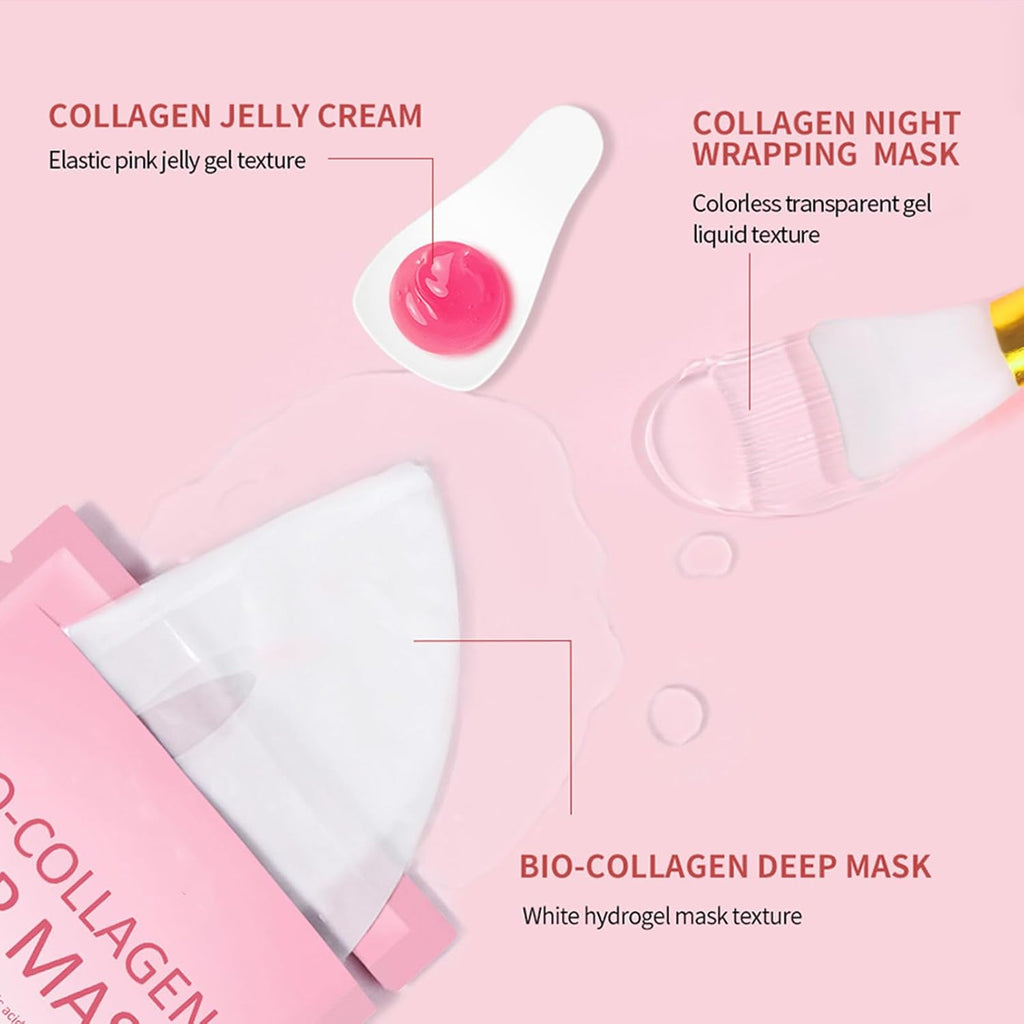 Ultimate Collagen Face Mask Set - 7PCS for Deep Hydration & Skin Elasticity - Peel Off Masks, Collagen Jelly Cream & Overnight Treatment - Korean Beauty Essentials for Firming Skin
